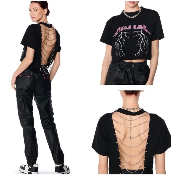 AKIRA Tops - AKIRA MEGA EMBELLISHED OPEN BACK CROP TSHIRT IN BLACK LG NWT